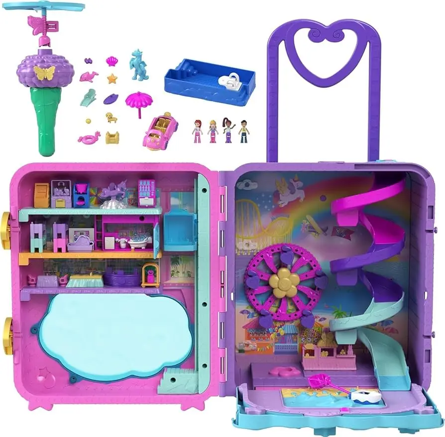 Playset, Resort Rollaway Suitcase, Large Travel Toy with 4 Dolls, Car, 25+ Accessories & Storage