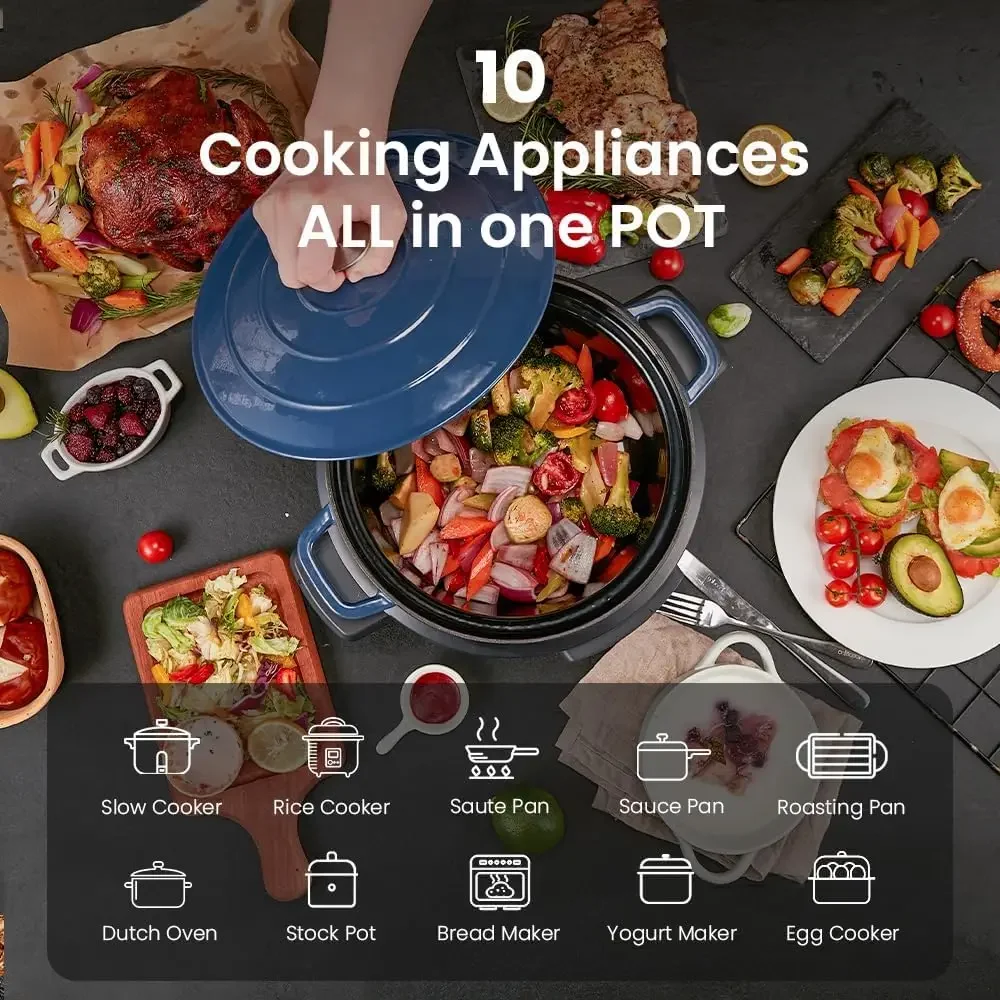 10-in-1 Slow Cooker 6 qt Blue, Electric Dutch Oven, Croc Pot 6 Quart, Slow Cook, Sear/Sauté, Nonstick, Enameled Cast Iron with S 4