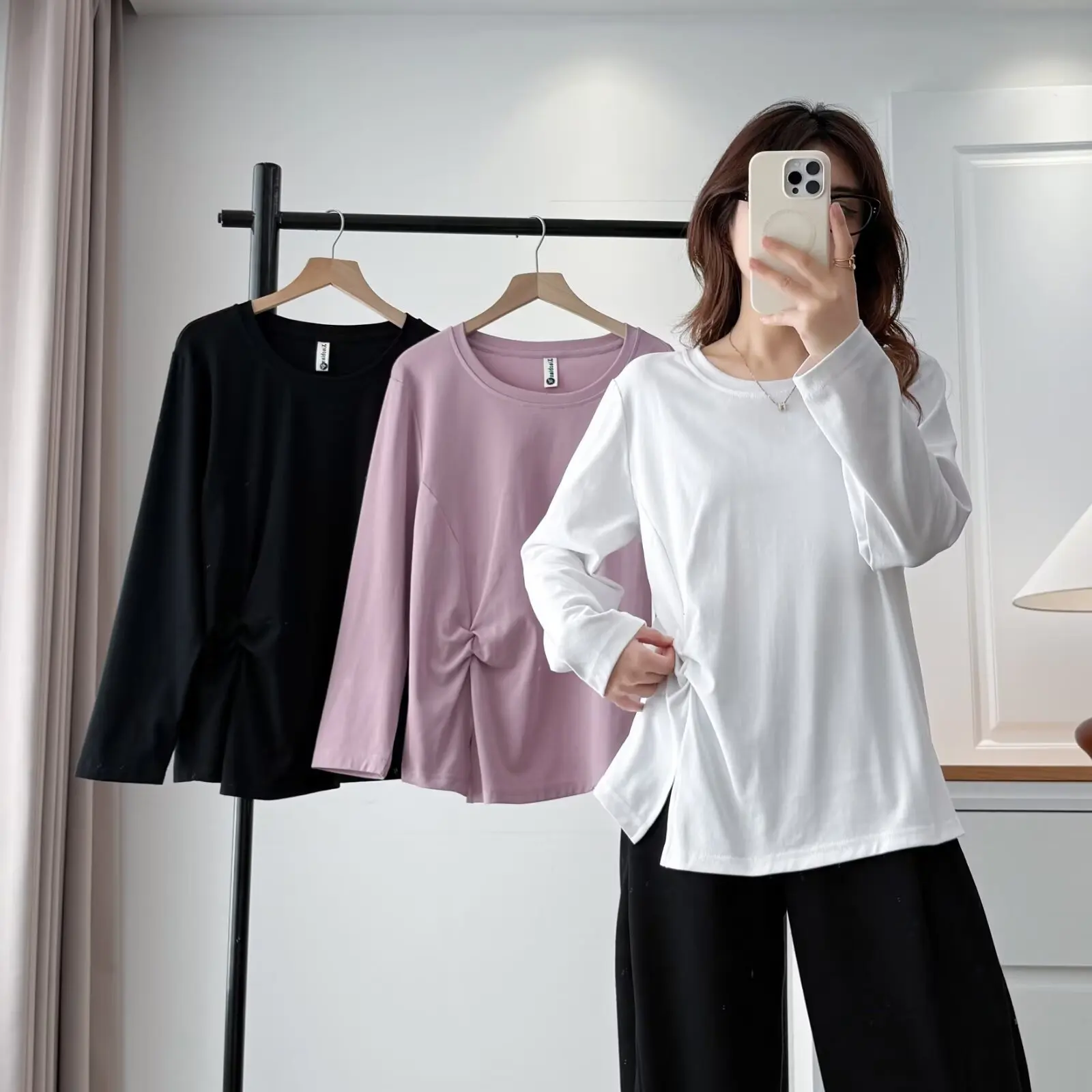 Fashion Plus Size Women's T-Shirt New Autumn Style Fold Waist And Slit Solid Color Long Sleeve O-Neck Tops 2522