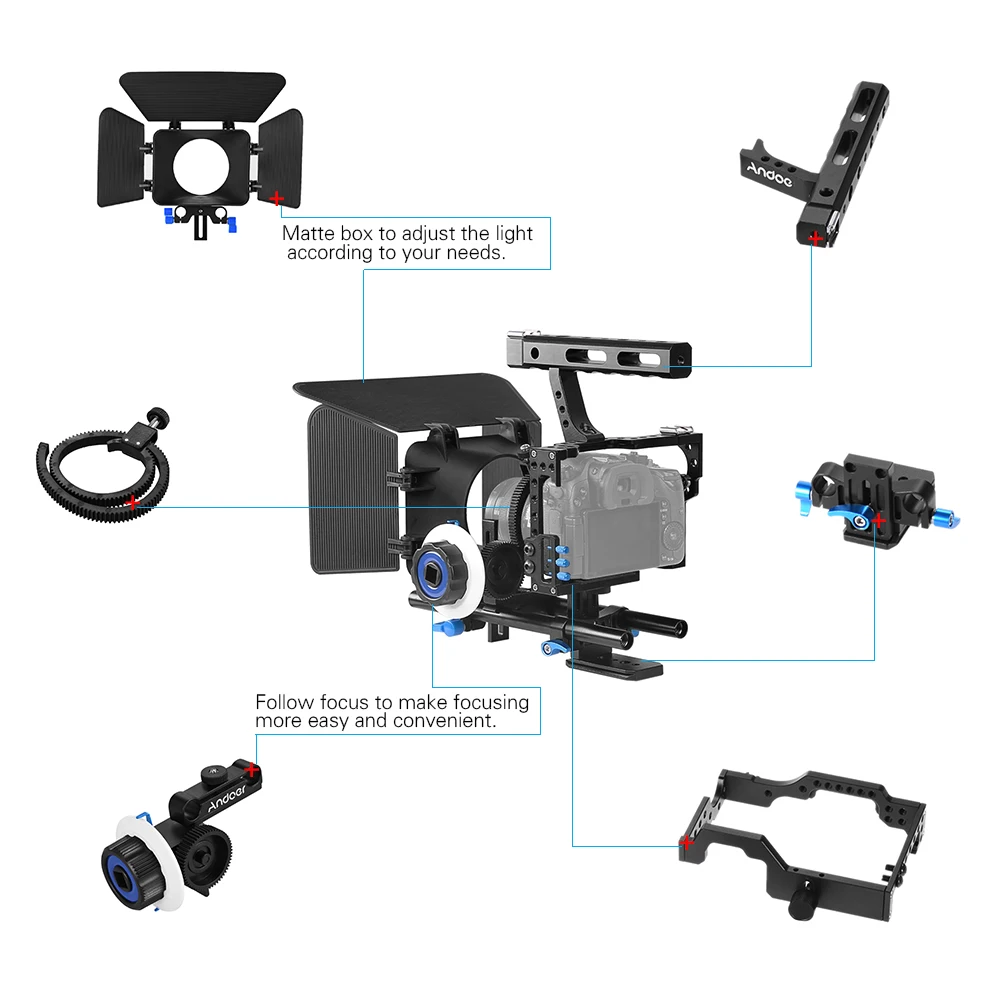 Description Picture 3 of itemC500 Aluminum Alloy Camera Camcorder Video Cage Rig Kit Film Making System w/ Matte Box + Follow Focus + Handle + 15mm Ro