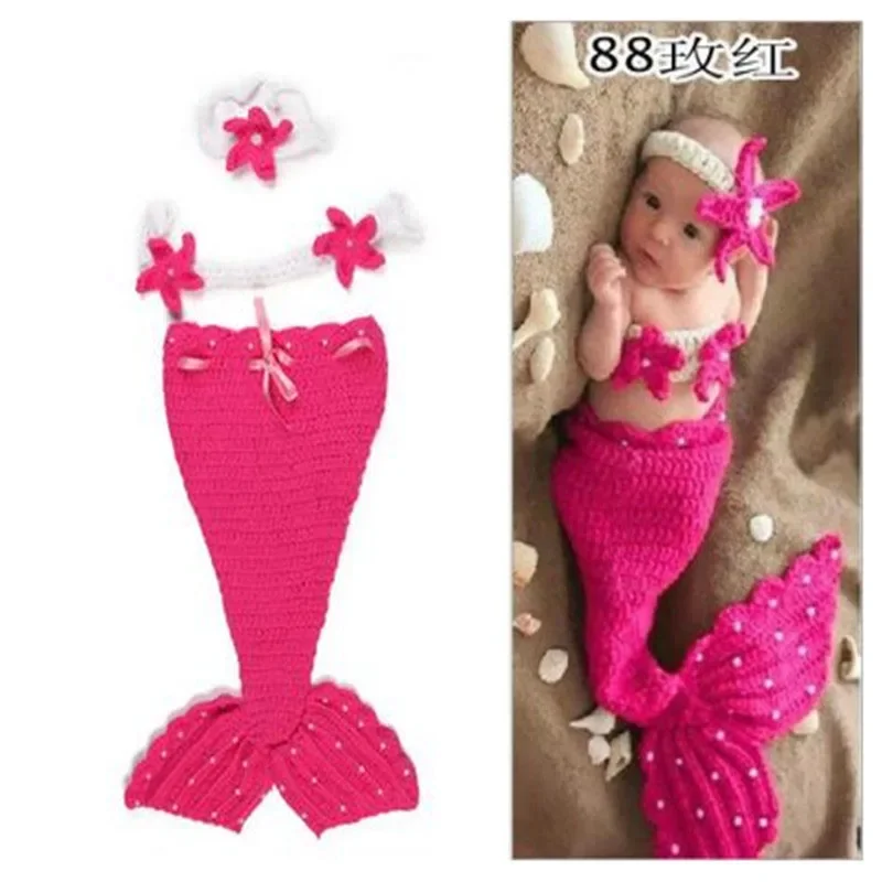 

Baby photography Hand crochet Headband Bikini fotografia baby costume red Mermaid new born photography props