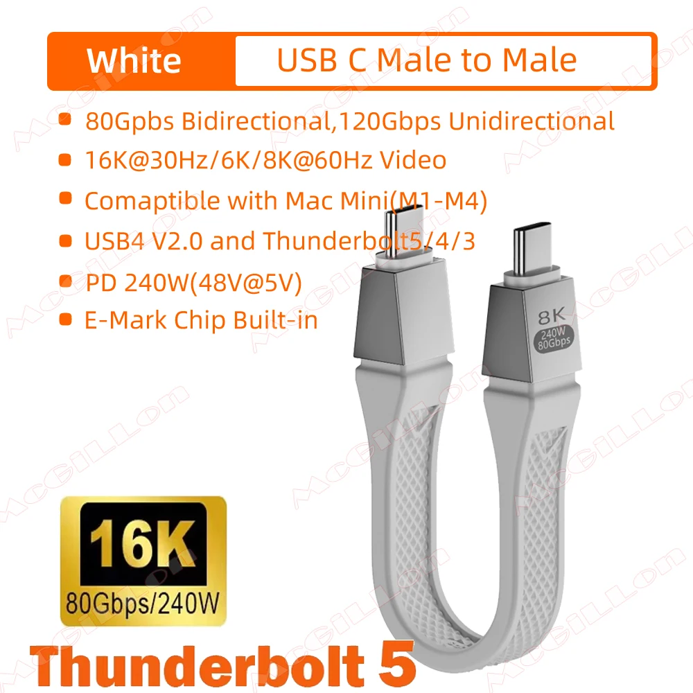 Premium Thunderbolt 5 USB-C to USB-C Cable – Fast Charging 240W, 16K Video, 80Gbps High-Speed Transfer