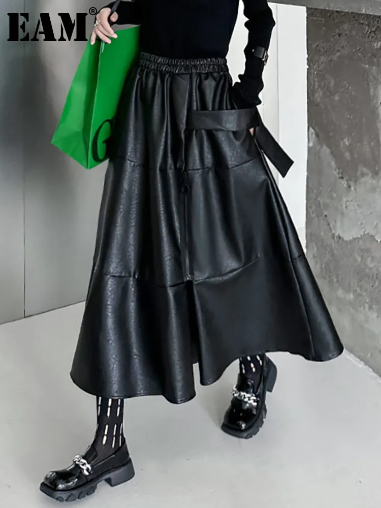 

[EAM] High Elastic Waist Black A-line Half-body PU Leather Skirt Loose Fit Women Fashion Tide New Spring Autumn 2024 1DH4268