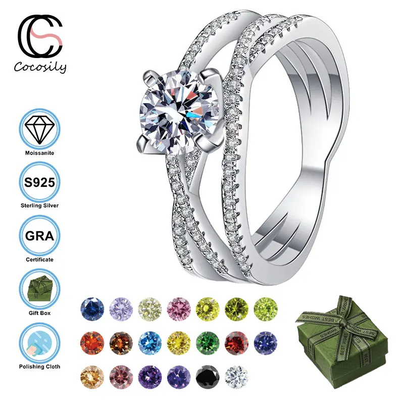 

Cocosily 1CT GRA D Color Moissanite S925 Sterling Silver Three Circle Cross Temperament Women's Wedding Anniversary Ring Jewelry