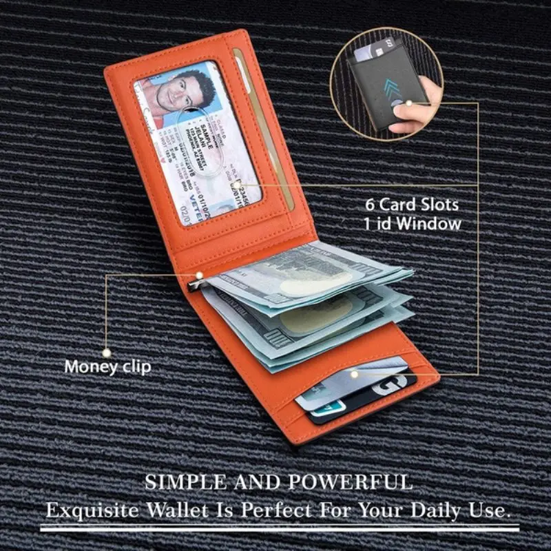 Men's Simple Slim Wallet With Money Clip RFID Blocking Front Pocket Leather Anti-theft Brush Dollar Clip Card Sleeve Plus Hole