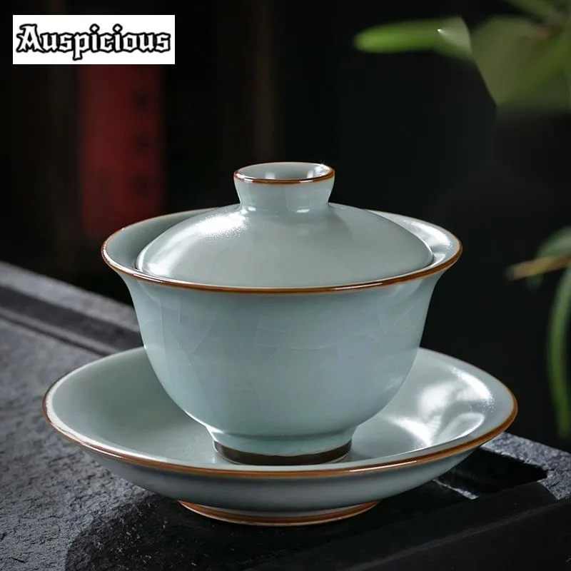 180ml Azure Ru Kiln Porcelain Gaiwan Aesthetic Opening Tea Lid Set Tea Tureen Household Maker Cover Bowl Teaset Supplie Gift