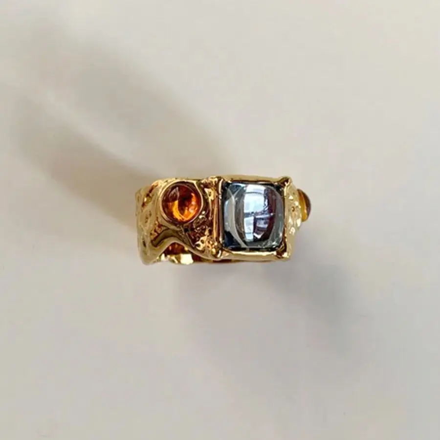 Chic Colorful Crystal Ring For Women Vintage Baroque Premium Gold Color Multicolor Stone Metal Irregular Ring Unique Gift gold color rings gold color ring finger ring