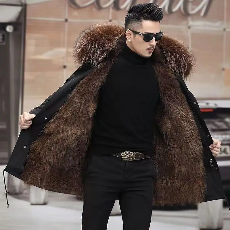 2023 New Men Winter Faux Fur Coat Mid-length Loose Trend Overcoat Thicken Warm Removable Inner Jacket Hooded Parke Outwear