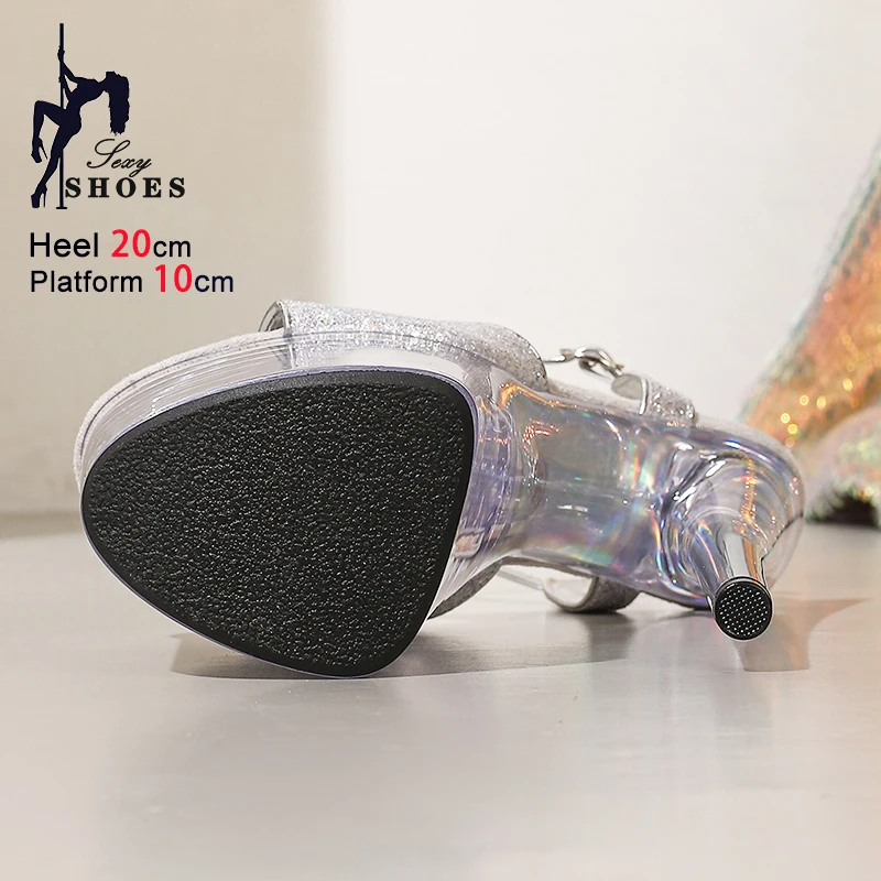 Crystal Transparent Platform Women Summer Sandals Silvery Glitter Sequin Thin High Heels 20CM Woman Nightclub Stage Show Shoes