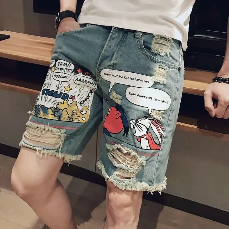 thumbnail image 1 of Pantalones cortos de mezclilla rotos populares para hombres de Kuaishou, pantalones de cinco puntos de estilo espiritual para hombres, pantalones de verano de sección delgada, marea recta suelta, 1 of 5