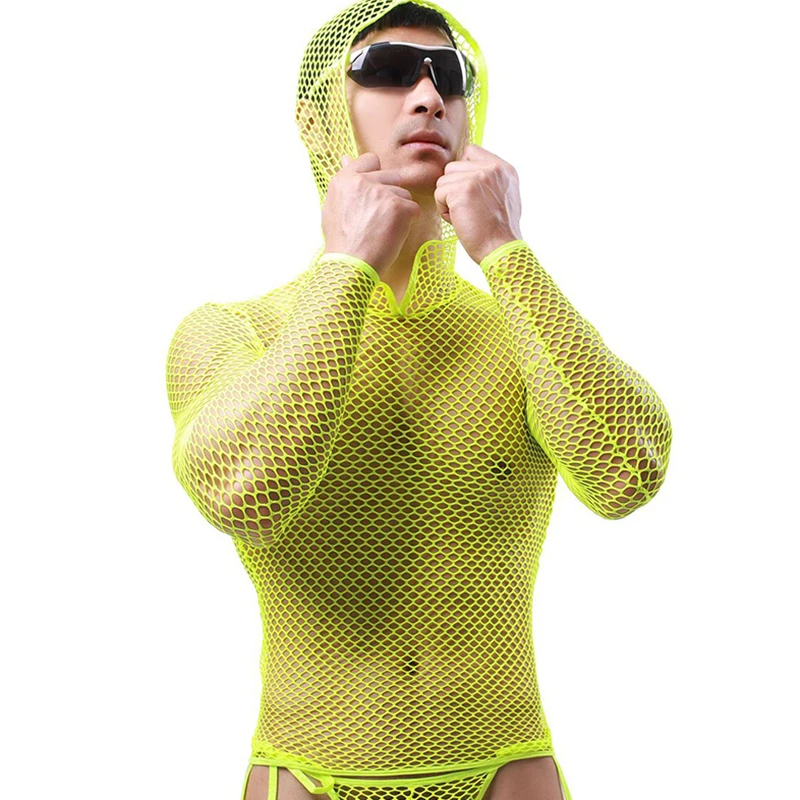 Sexy Men Mesh Hoodies Undershirts Lingerie Transparent Hooded T-shirts Fitness Fishnets Underwear Fetish Party Club Nightwear