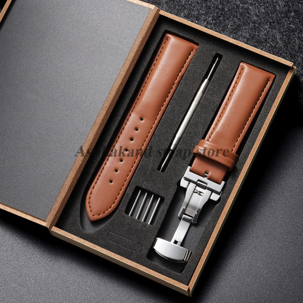 Premium Genuine Leather Watch Band with Butterfly Clasp - Brown & Black Bracelet Strap