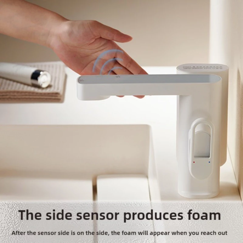 ก๊อกน้ำอ่างล้างหน้าแบบเซ็นเซอร์พร้อมเครื่องจ่ายสบู่โฟม ติดตั้งบนเคาน์เตอร์แบบรูเดียว ไม่ต้องสัมผัส น้ำร้อนน้ำเย็น 1