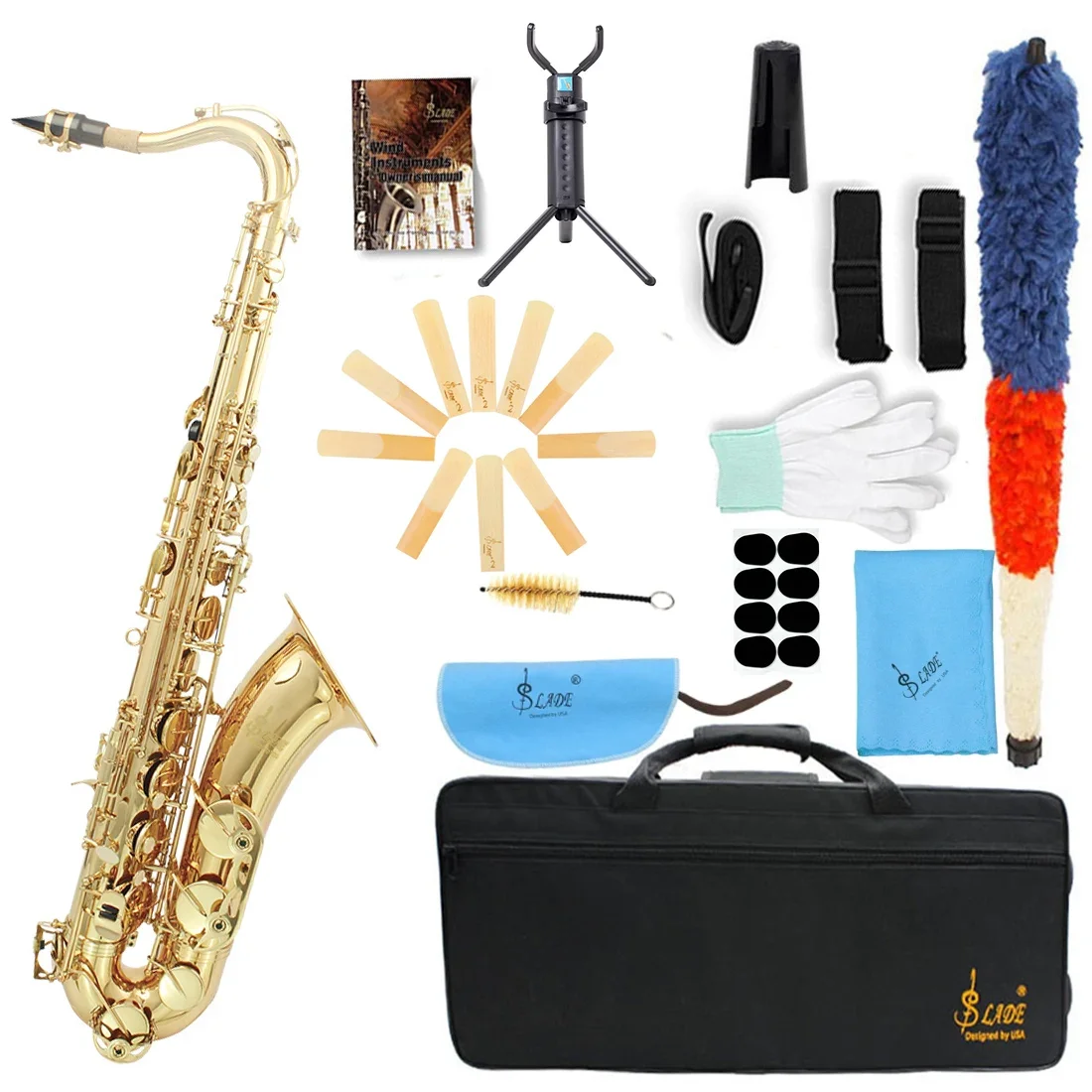 

SLADE Golden Tenor Saxophone Professional Brass Woodwind Instrument Sax with Box Cleaning Brush Stand Reeds Accessories