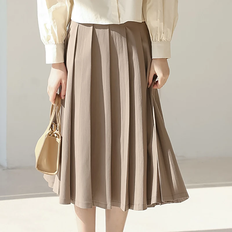 Autumn Elegant Women Pleated Drape Long Skirt Vintage High Waist Female A-line Preppy Style Mid-Calf Long Cotton Woman Skirts purple skirt Skirts