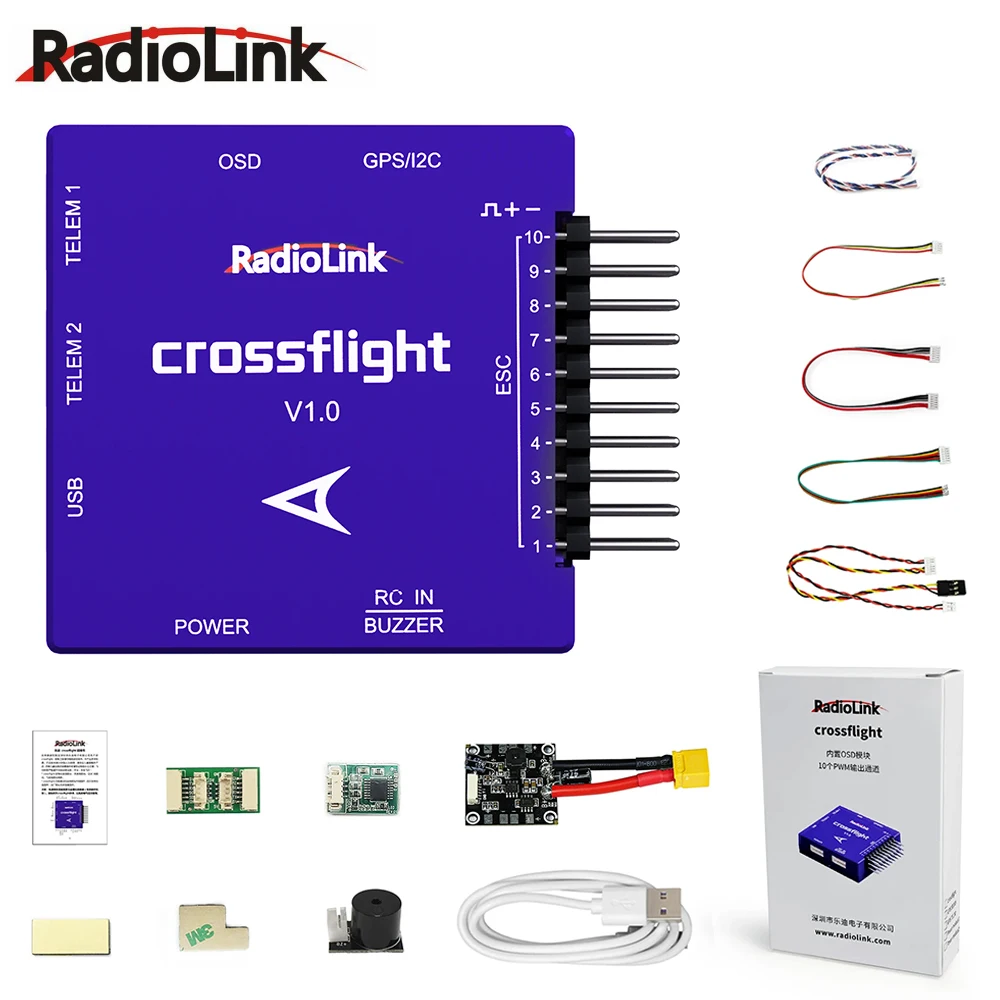 Radiolink Crossflight Vluchtcontroller Mini Formaat, 10 PWM-Uitgang OSD-Module Geïntegreerd, Trillingsdemping FC voor Vliegtuig/3-8 Helikopters / Helikopter / Auto / Boot / Onderzeeër / Radarracker