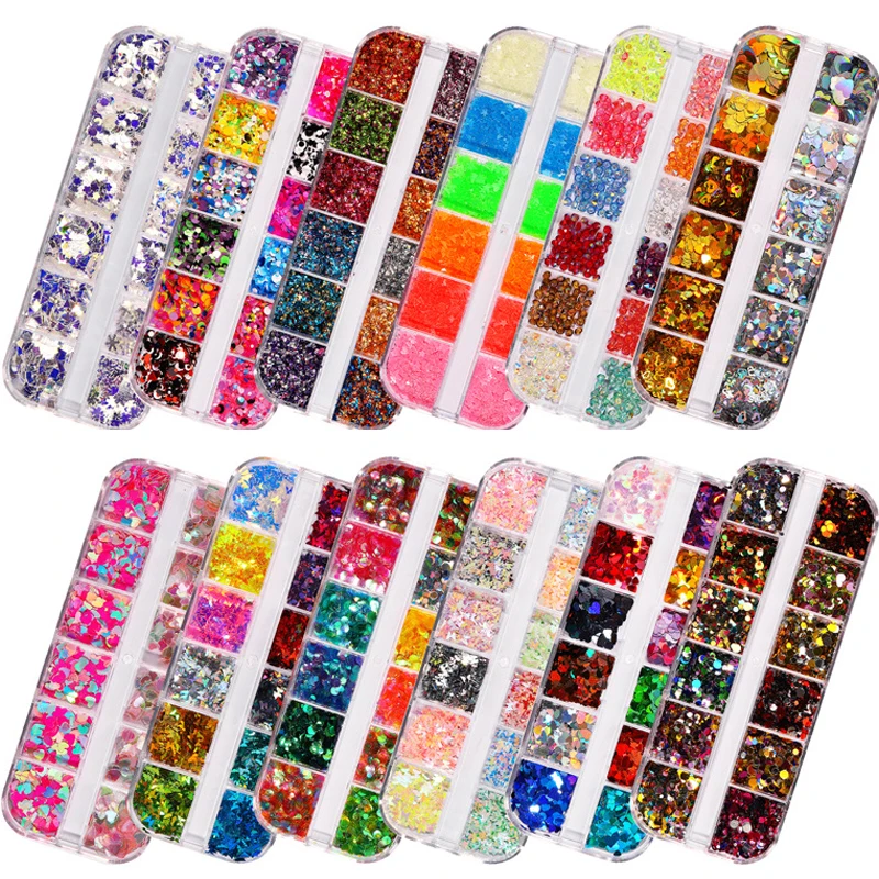 12 Grids/Set Mixed size Nail Glitter Flakes 3D Sequins Paillette Powder Charm Nail Art Decoration Manicure tools