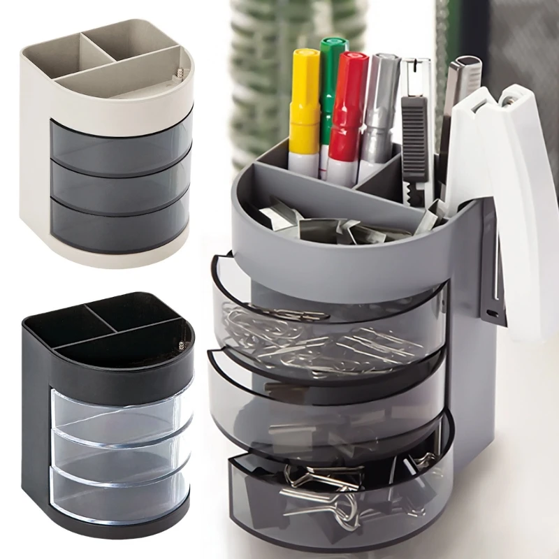 Multifunctional Pen Pencil Holder with 3 Layer Rotating Drawers Desk Organization Storage Box Office Desktop Organizers