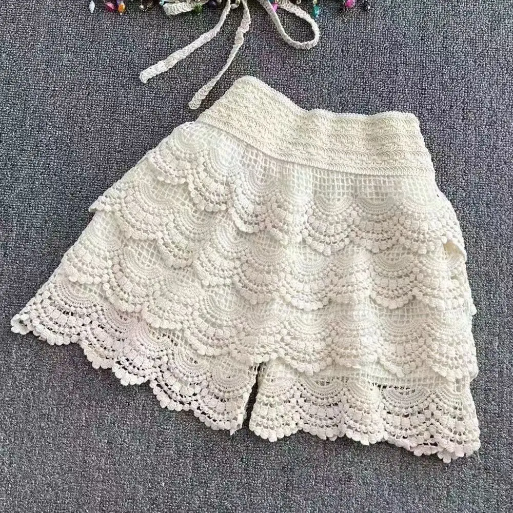 Boho Holiday Crochet Shorts for Women High Waist Hollow Out Lace-up Female Short Ladies Summer All-matching Trousers