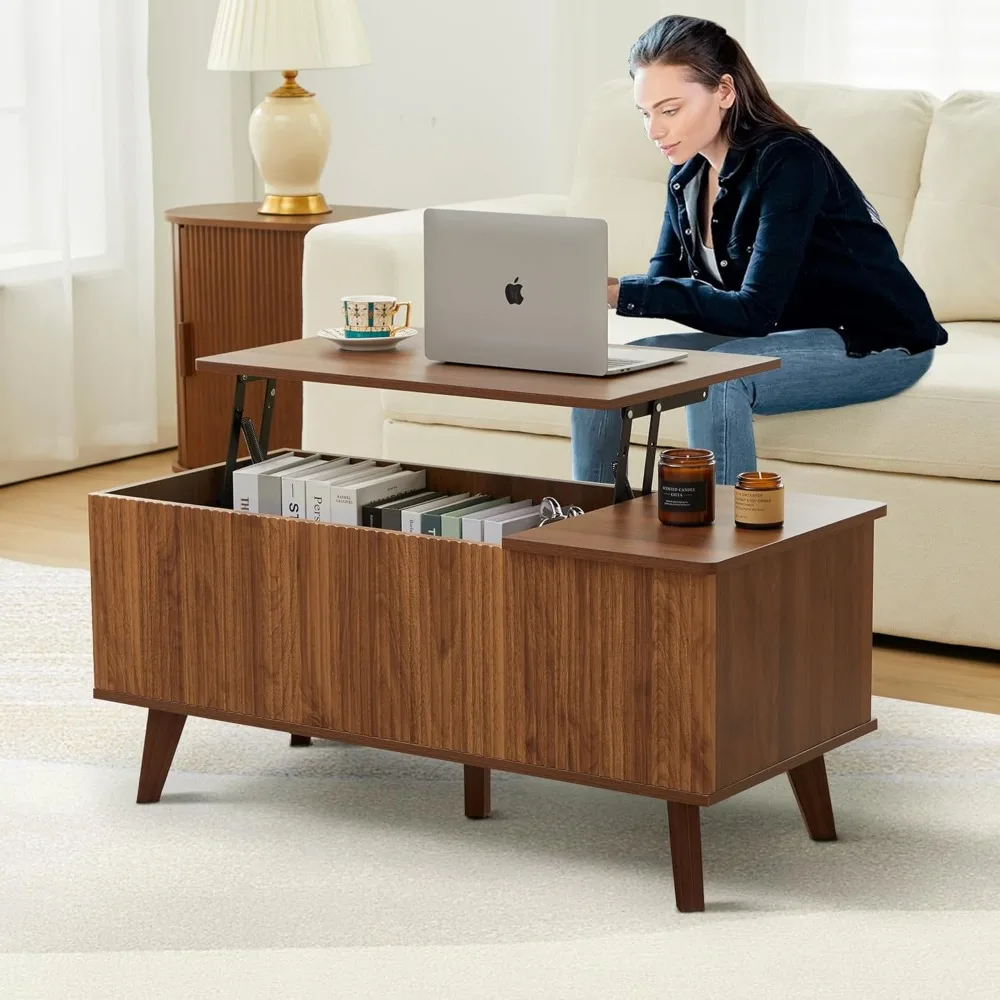 Wooden Fluted Lift Top Coffee Table with Hidden Compartment, Modern Rectangle Center Tables with Adjustable Storage Shelf 5