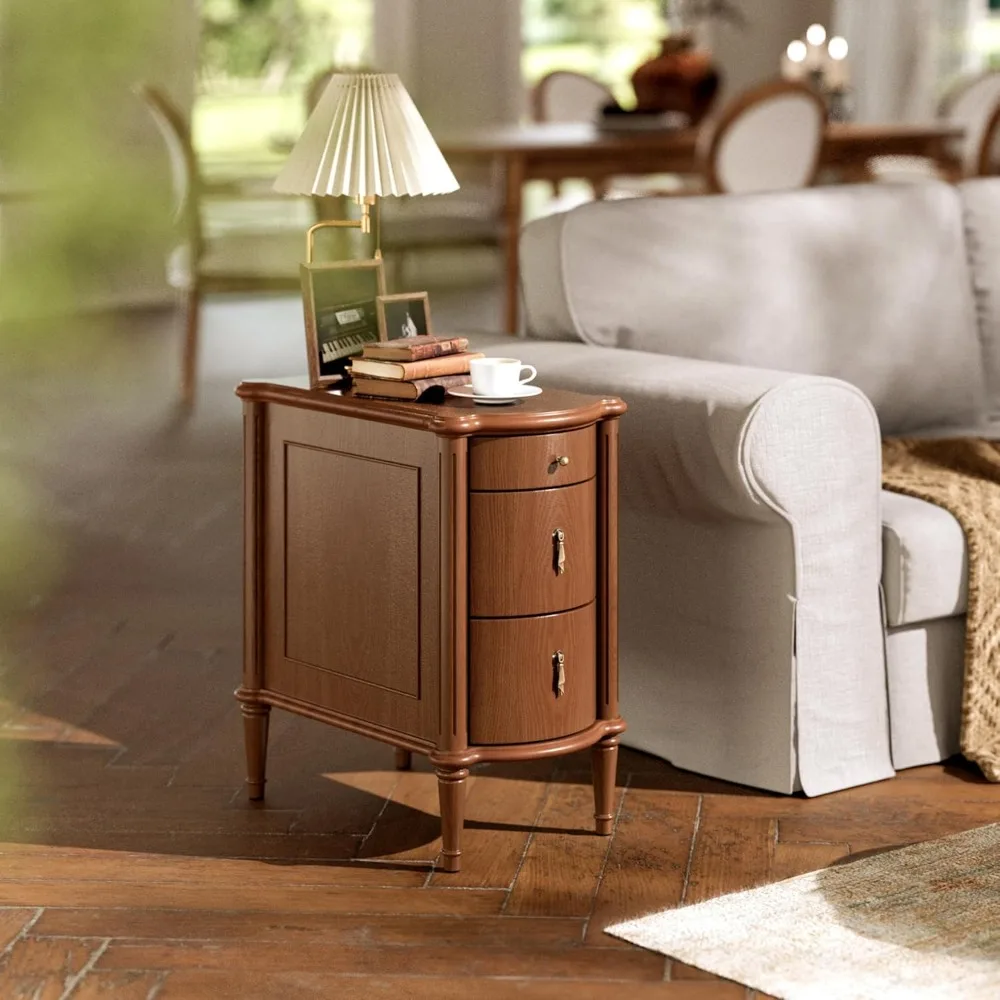 STO'SENSE Nightstand w/Charging Station & 3 Drawers, Pre-Assembled, Vintage Side Table w/Antique-Finished Pulls, Rustic Wood Fin