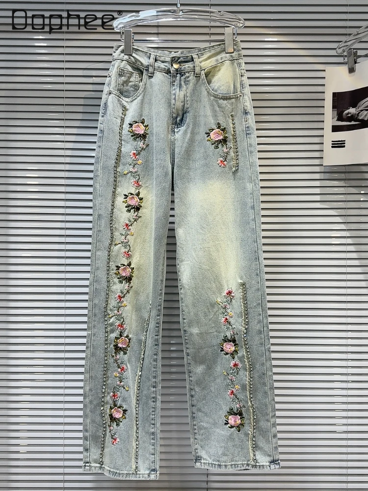 

Retro Flower Embroidered Washed Cotton Straight Jeans Women 2024 Spring Summer New Distressed High Waisted Jeans Female
