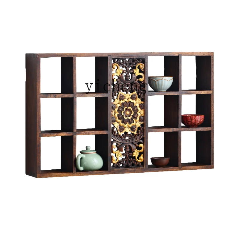 

Zk Solid Wood Chinese Style Wall-Mounted Antique Shelf Wall Tea Set Shelf Duobao Pavilion