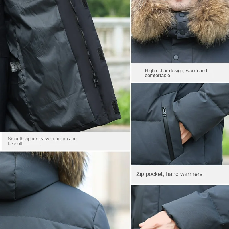 Winter Fur Collar Down Jacket Men's Luxury Business Thickened Warm White Duck Down Coat Men Casual Long Cold-proof Hooded Parka