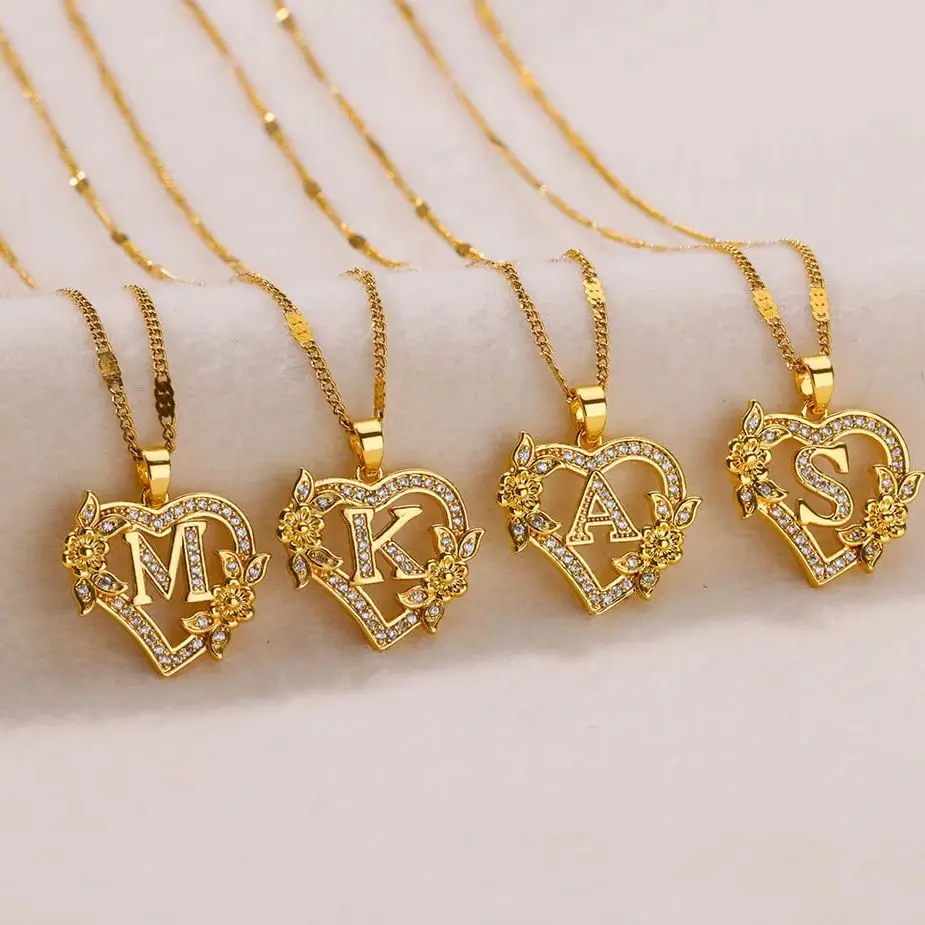 Zircon Flower Heart Initials Letter Necklaces For Women