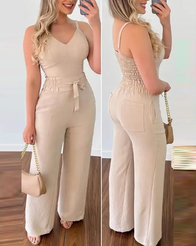 Women's Two Piece Casual Daily Solid V-Neck Spaghetti Strap Shirred Cami Top and Pocket Tied Detail High Waist Pants Set