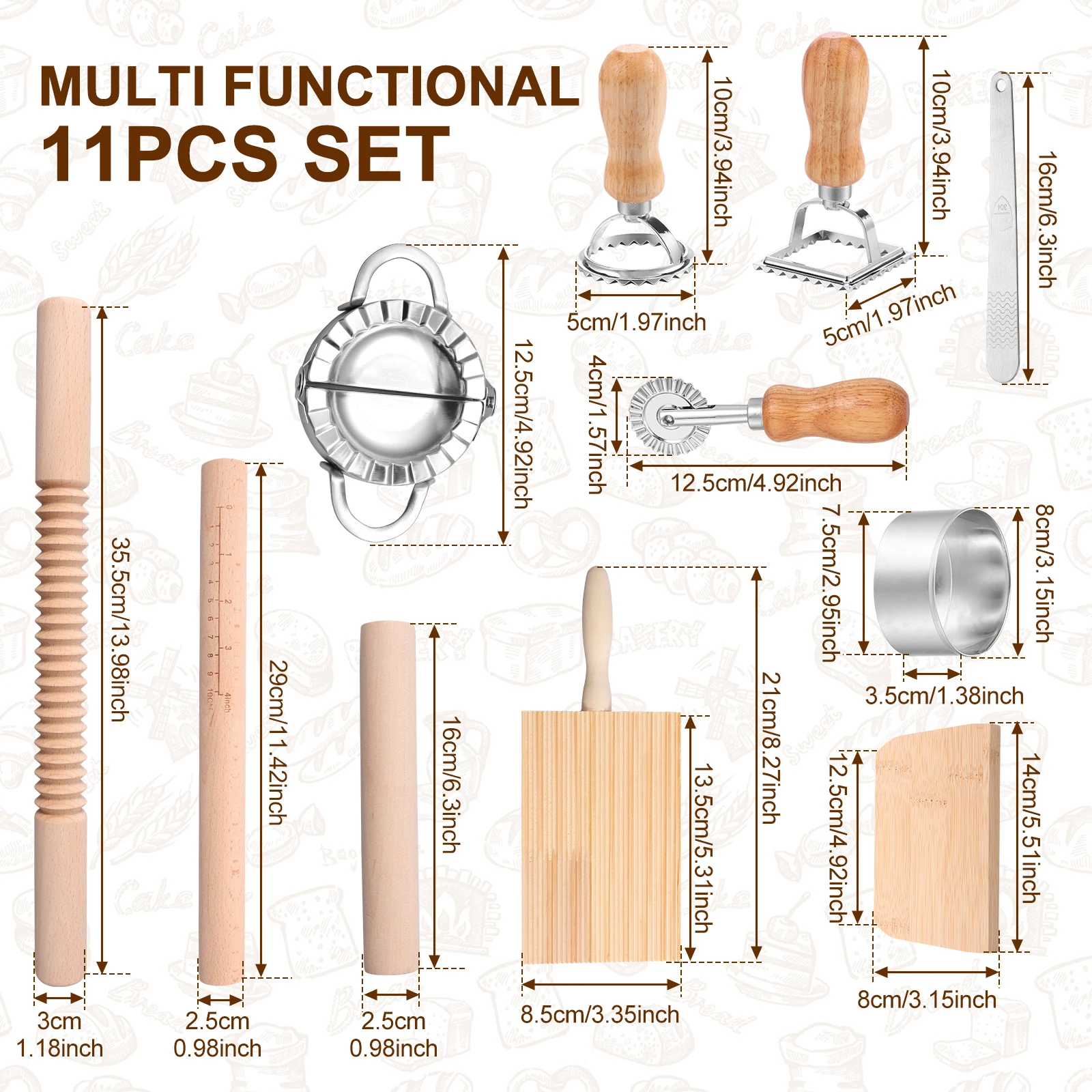 11Pcs Pasta Making Tools Kit Efficient Pasta Making Set Wooden Threaded Rolling Pin Gnocchi Board Dough Cutter Dumpling Maker