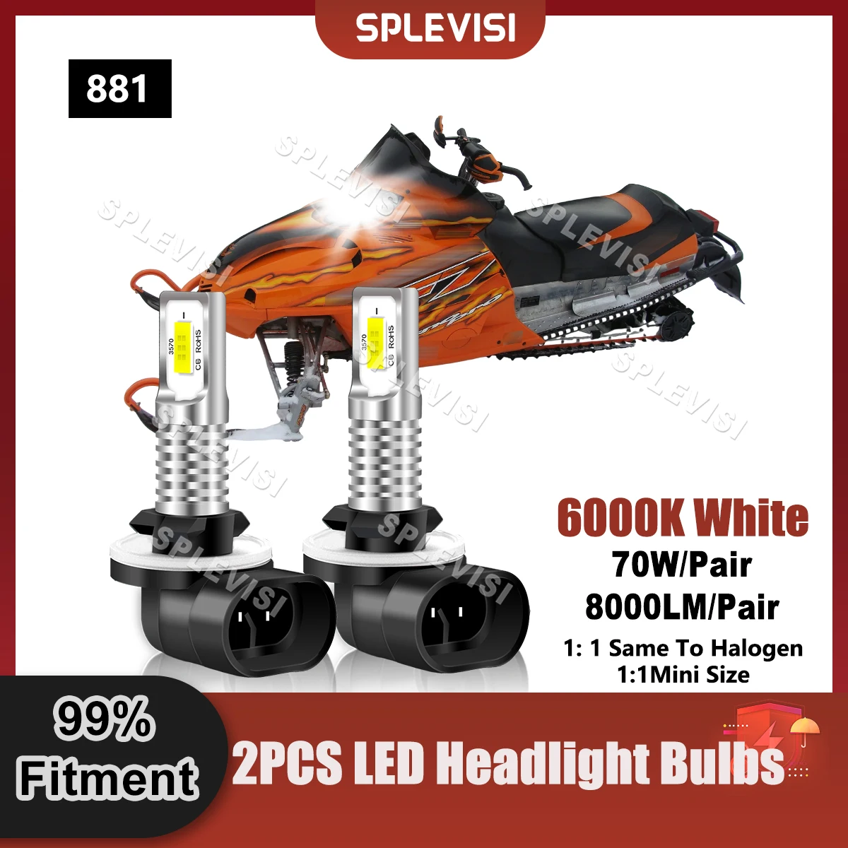 Brighter White 2PCS 881 LED Headlight Bulbs 70W 8000LM 12x CSP Chips Compatible For Arctic Cat F7 Firecat 700 2004 2005 2006