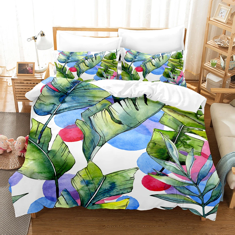 Tropical Palmtree Leaves Bedding Set Simple Quilt Cover Comforter Bed Linen Pillowcase 2/3pcs King Queen Size 