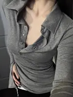 Bodycon Women T-shirts Long Sleeve Solid Color Turn Down Collar Sexy Simple Korean Style Ins Minimalist Prevalent Casual Chic 6