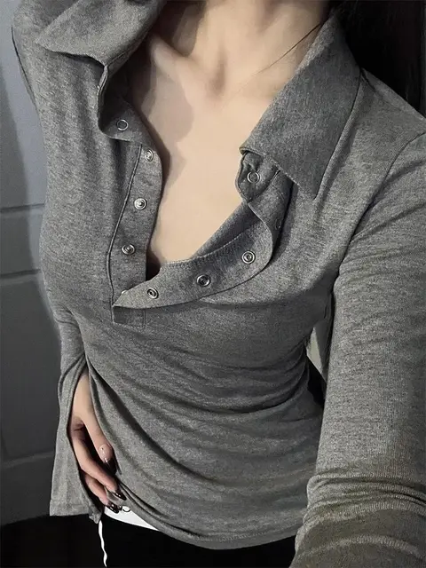Bodycon Women T-shirts Long Sleeve Solid Color Turn Down Collar Sexy Simple Korean Style Ins Minimalist Prevalent Casual Chic 6
