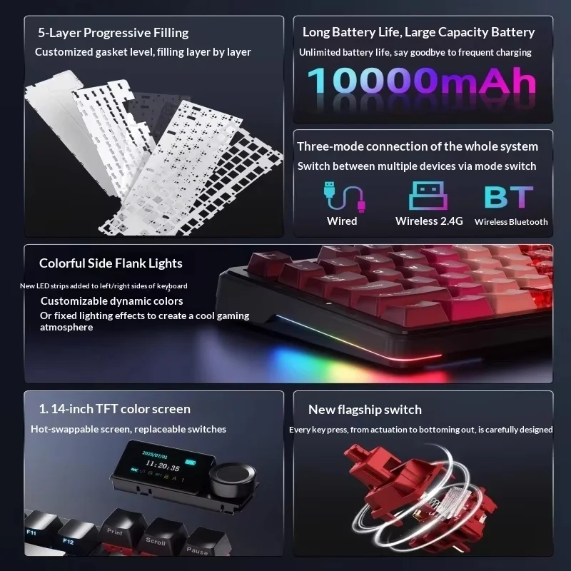 AJAZZ MK87 PRO 무선 트라이 모드 기계식 키보드 87키 10000mAh 듀얼 8K TFT 스크린 가스켓 PC e스포츠 노트북 키보드