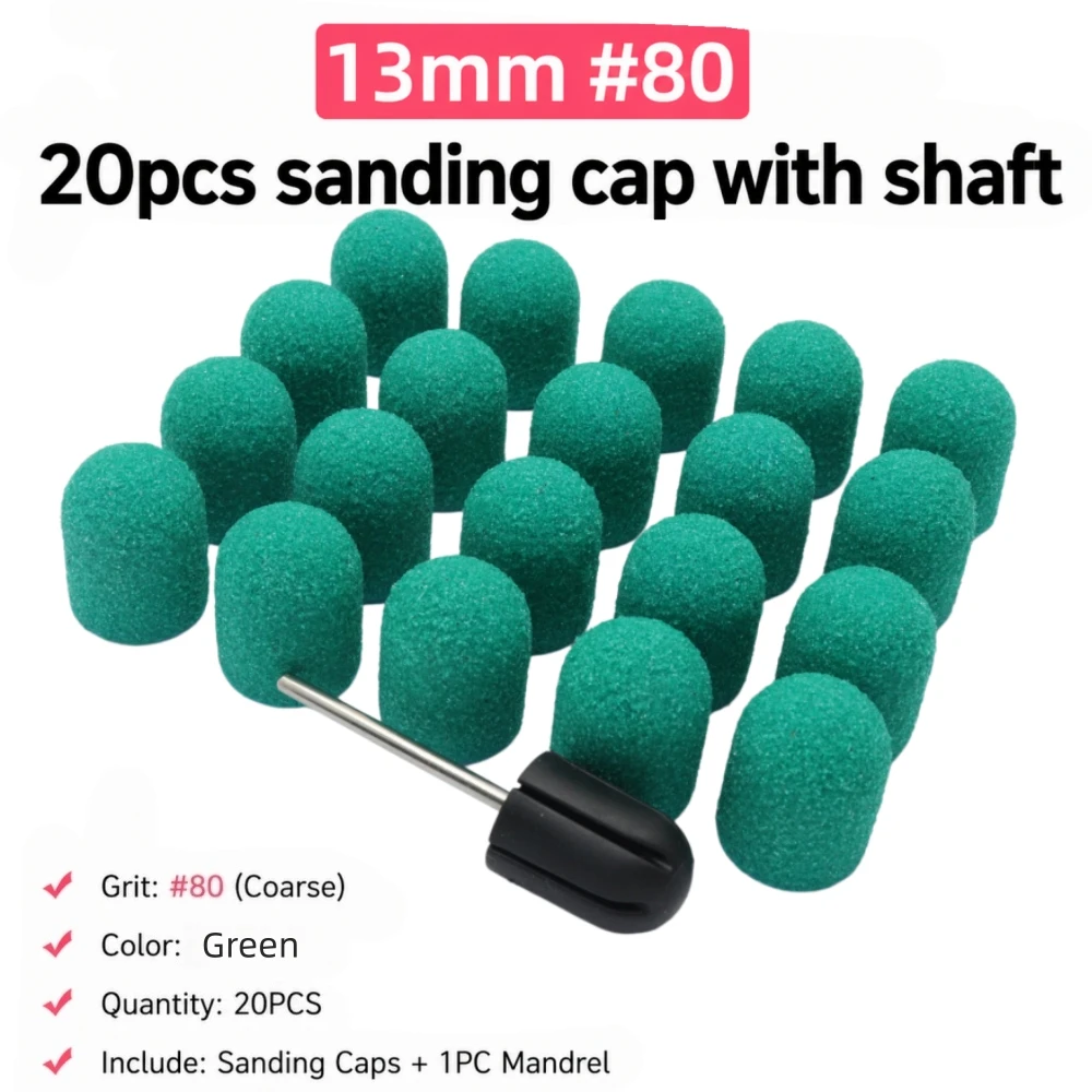 20개 고품질 13mm 네일 샌딩 캡(맨드렐 네일 드릴 비트 포함) 발 파일용 굳은살 제거제 네일 폴리셔(  80  120  180)호