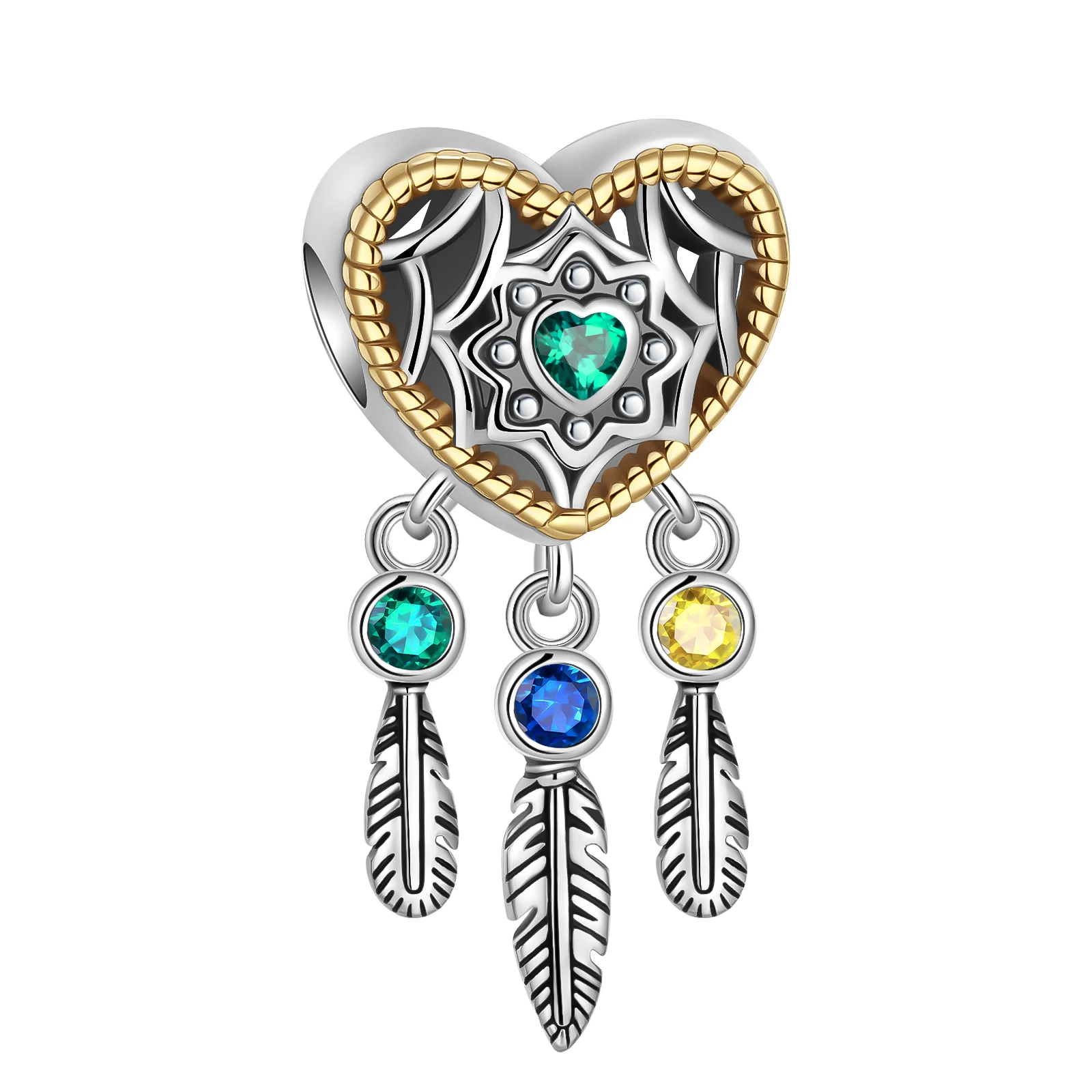 

925 Sterling Silver Heart Shape Feather Dreamcatcher Charm Fit Original Pandora Charms Bracelets Women DIY Jewelry Gift