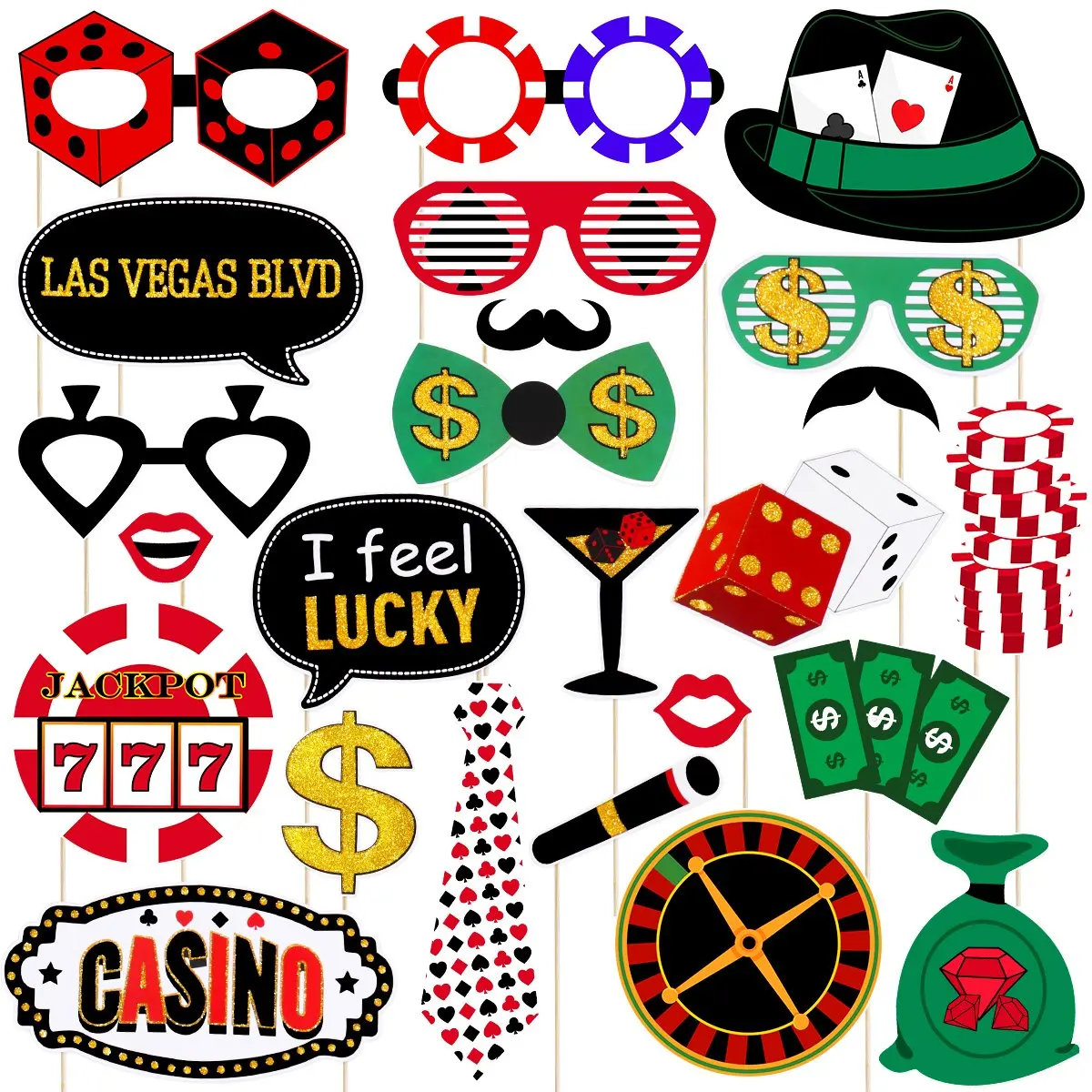 

24pcs Casino Birthday Decorations Las Vegas Glitter Photo Booth Props Kit Game Night Poker Themed Party Supplies