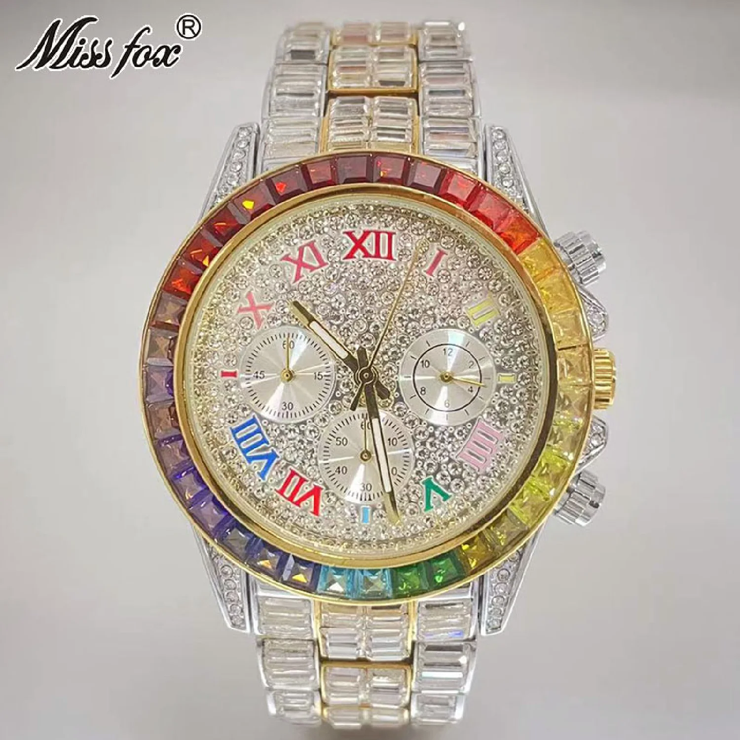 

New Gold Watches Luxury Men Hip Hop Brand Waterproof Quartz Clocks Rainbow Moissanite Fashion Iced Wristwatch Man Free Shipping