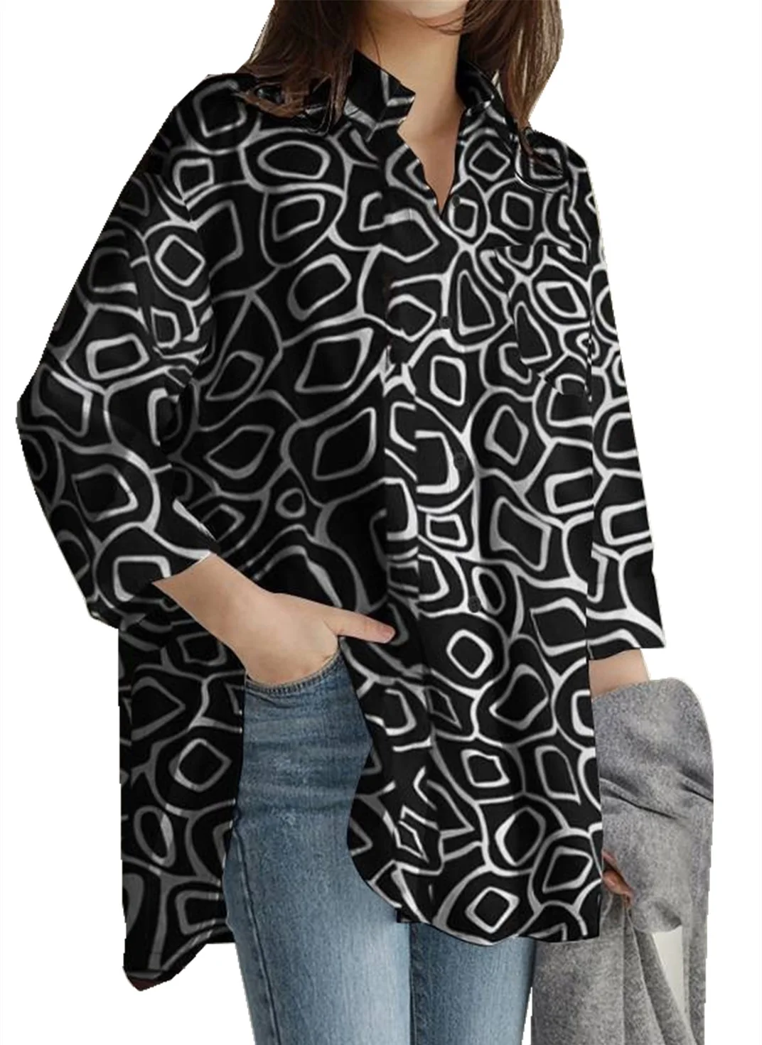 Shirts For Women Tops Fashion Print Lapel Buttons Women Shirt Clothing Casual Streetwear Elegant Long Sleeve Loose Blouses Femme