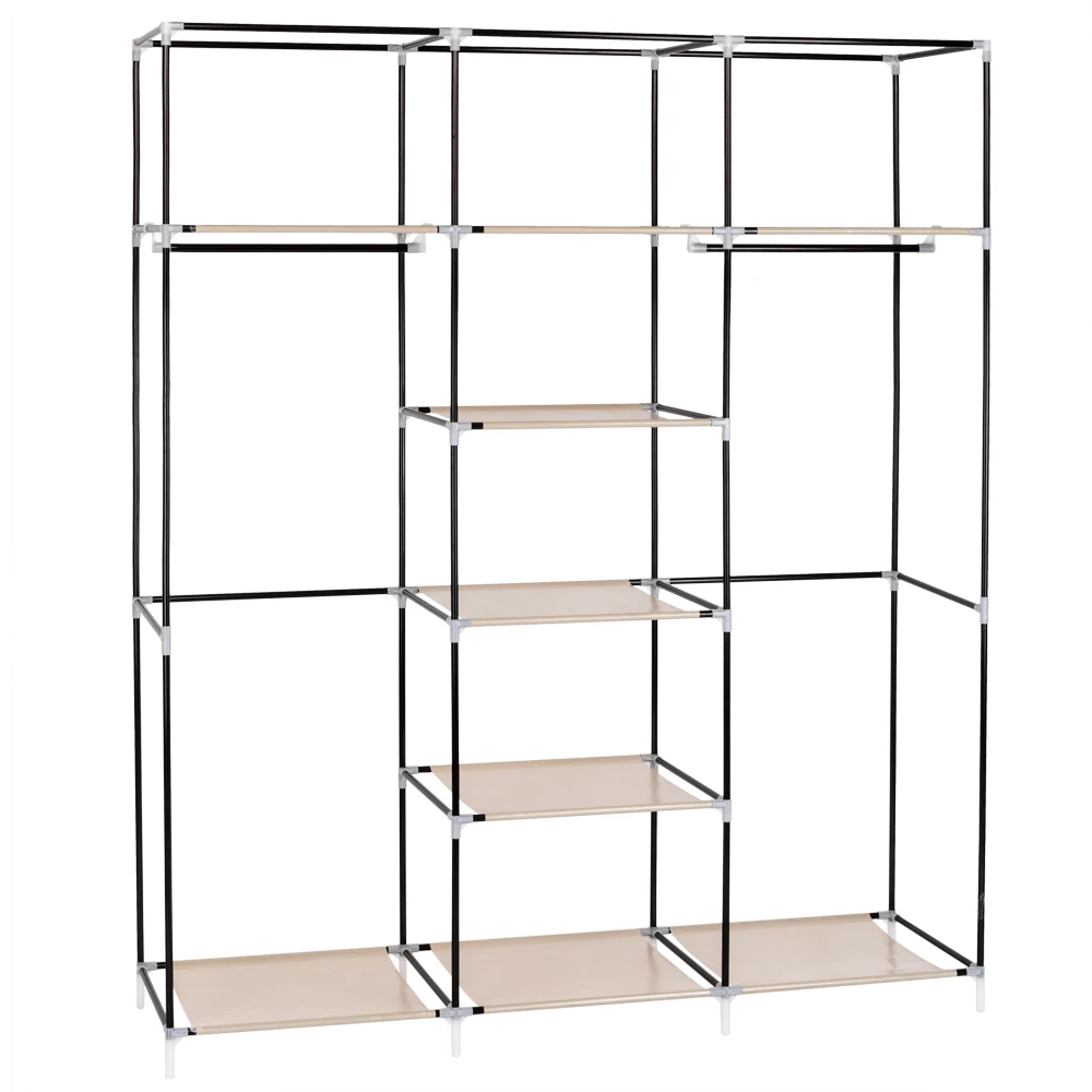 69" Portable Clothes Closet Non-Woven Fabric Wardrobe Double Rod Storage Organizer Beige 4