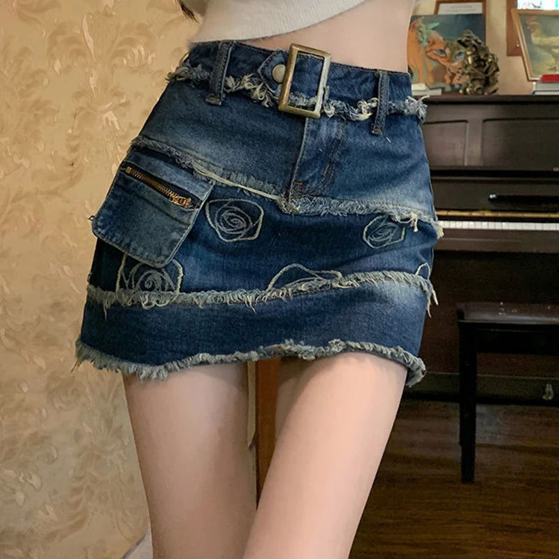 2023 Summer New Spicy Girl Retro High Waist Denim Half Skirt Women's Design Sense  Hip Short Skirt Trend
