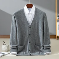 Cardigan pour homme en cachemire 100% de haute qualité, tricoté à 12 aiguilles, pull de luxe, col en V, pull ample, veste à simple boutonnage 3