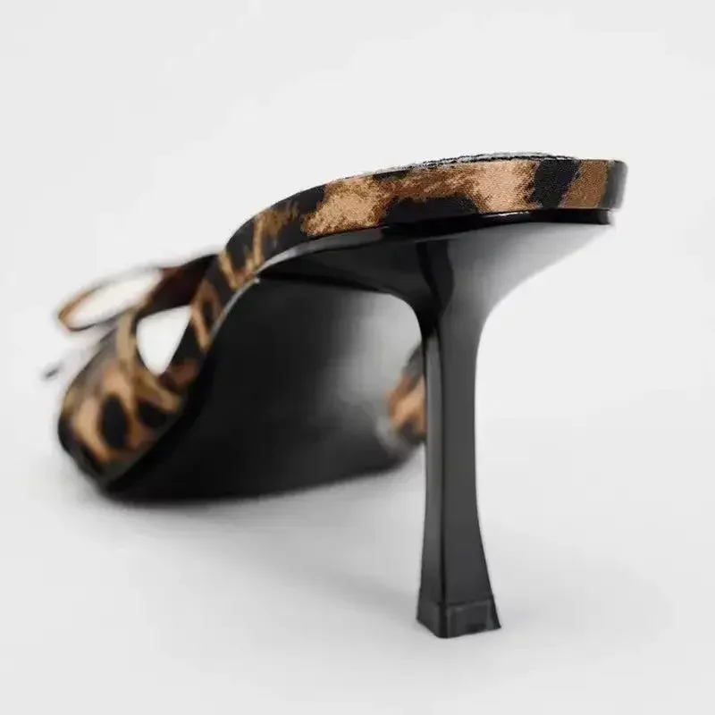 ZA2024 New European and American High Quality Women Shoes Bow Knot Leopard Print High Heel Slippers Women Slippers
