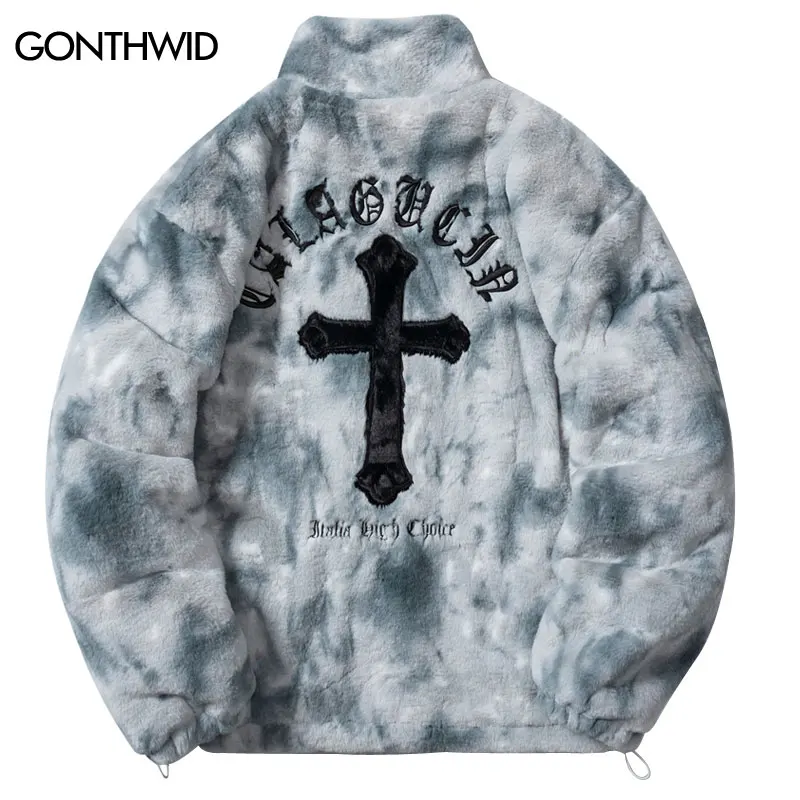 

Hip Hop Faux Fur Fleece Jacket Parkas Streetwear Winter Embroidery Fuzzy Fluffy Thicken Warm Padded Coat Harajuku Zipper Jackets