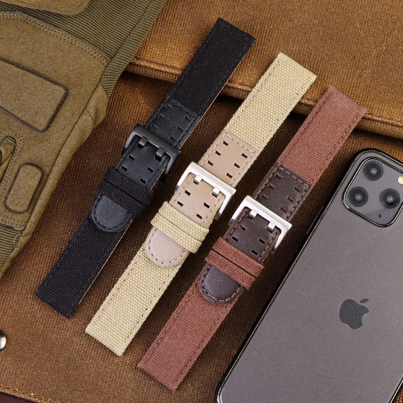 Durable Outdoor Sports Canvas Watchband with Premium Cowhide Accents - Available in Black, Khaki, and Brown