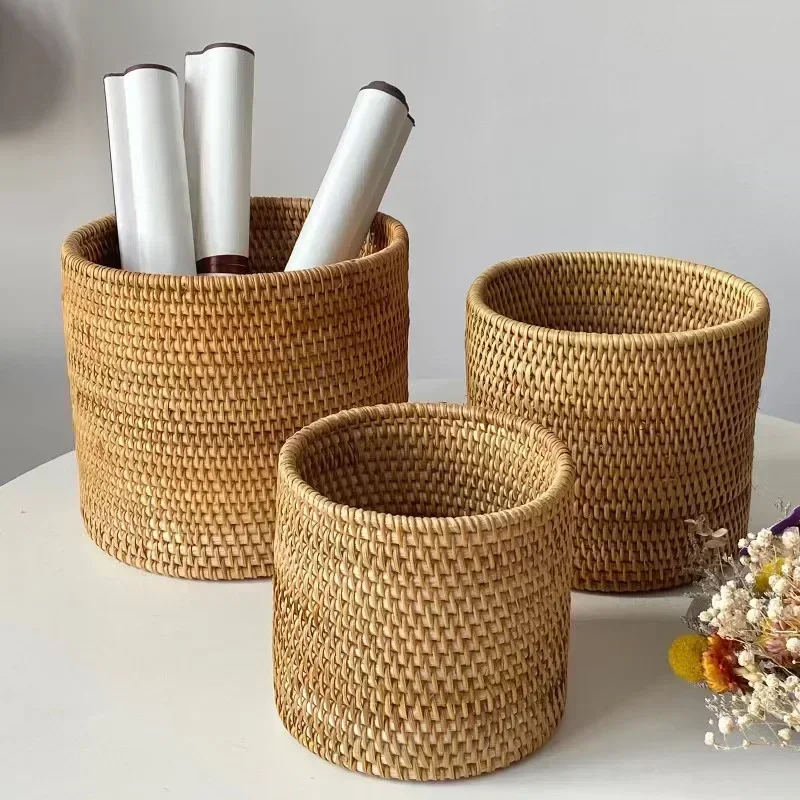

Handwoven Rattan Basket,Round Storage Bucket,Bread And Fruit Storage Baskets,Household Desktop Sundries Organizer,Plant Basket