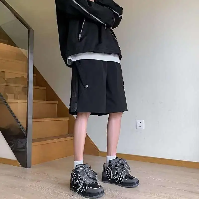 Summer Men's 2024 New Spliced Elasticized Pocket Zipper Shirring Fashion Solid Color Comfortable Loose All-match Casual Shorts