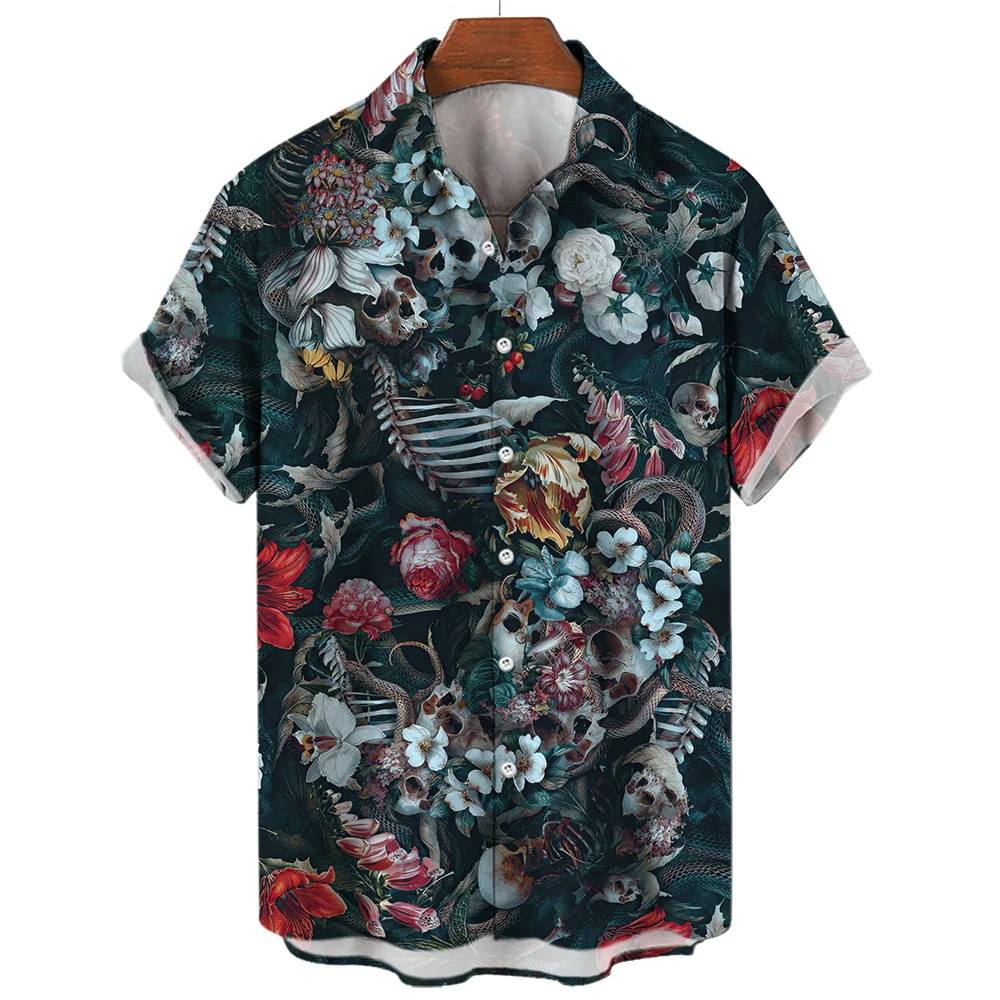 Horror Skull Shirt For Men Summer Turndown Henry Shirts Casual Button Hawaii Style Short Sleeve Men's Clothing Daily Streetwear